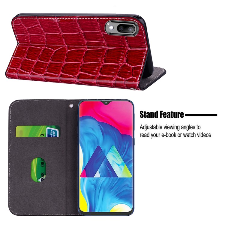 Crocodile Texture Glittery Sequins Splicing Leather Flip Case with Card Slot for Samsung Galaxy M10 - Red-12