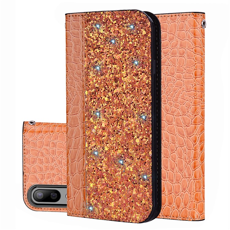 Crocodile Texture Glittery Sequins Splicing Leather Flip Case with Card Slot for Samsung Galaxy M10 - Orange-1