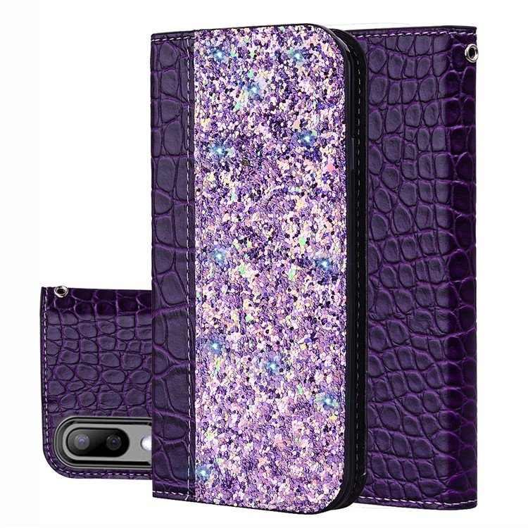 Crocodile Texture Glittery Sequins Splicing Leather Flip Case with Card Slot for Samsung Galaxy M10 - Purple-1