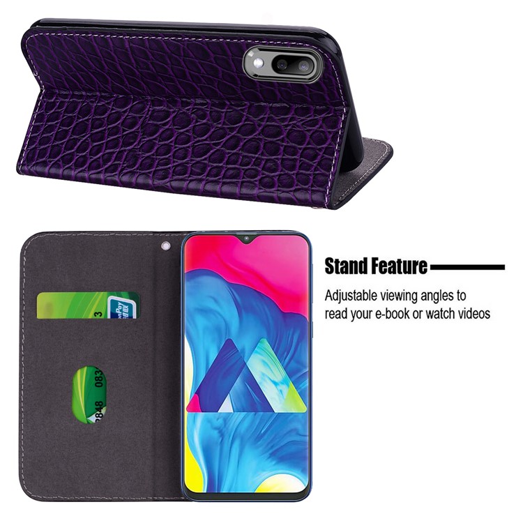 Crocodile Texture Glittery Sequins Splicing Leather Flip Case with Card Slot for Samsung Galaxy M10 - Purple-12