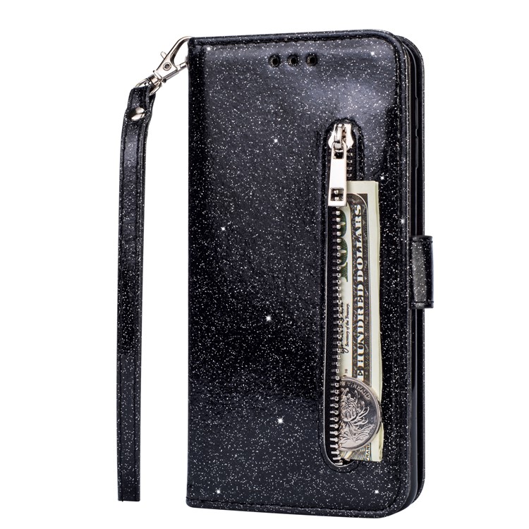 Flash Powder Zippered Stand Leather Wallet Cover with Strap for Samsung Galaxy M20 - Black-2