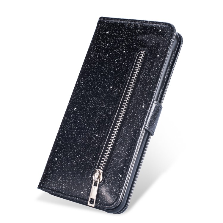 Flash Powder Zippered Stand Leather Wallet Cover with Strap for Samsung Galaxy M20 - Black-3