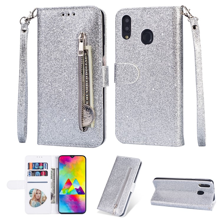 Flash Powder Zippered Stand Leather Wallet Cover with Strap for Samsung Galaxy M20 - Silver-1