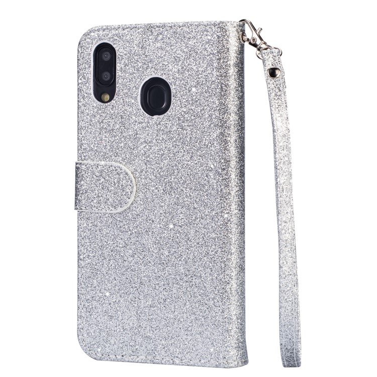 Flash Powder Zippered Stand Leather Wallet Cover with Strap for Samsung Galaxy M20 - Silver-4