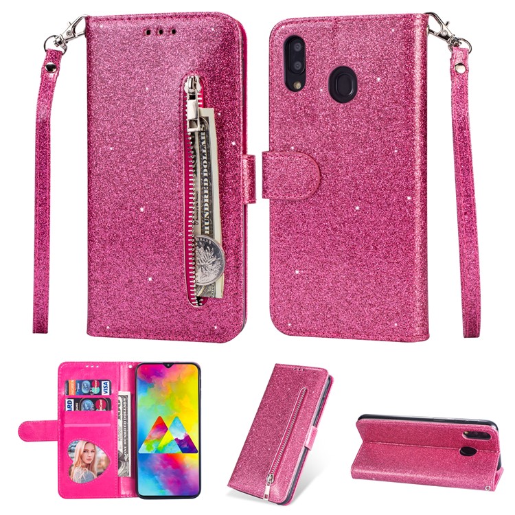 Flash Powder Zippered Stand Leather Wallet Cover with Strap for Samsung Galaxy M20 - Rose-1