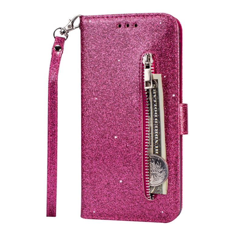 Flash Powder Zippered Stand Leather Wallet Cover with Strap for Samsung Galaxy M20 - Rose-2