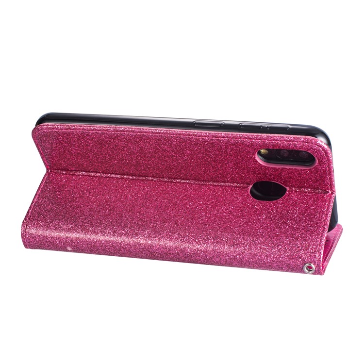 Flash Powder Zippered Stand Leather Wallet Cover with Strap for Samsung Galaxy M20 - Rose-7