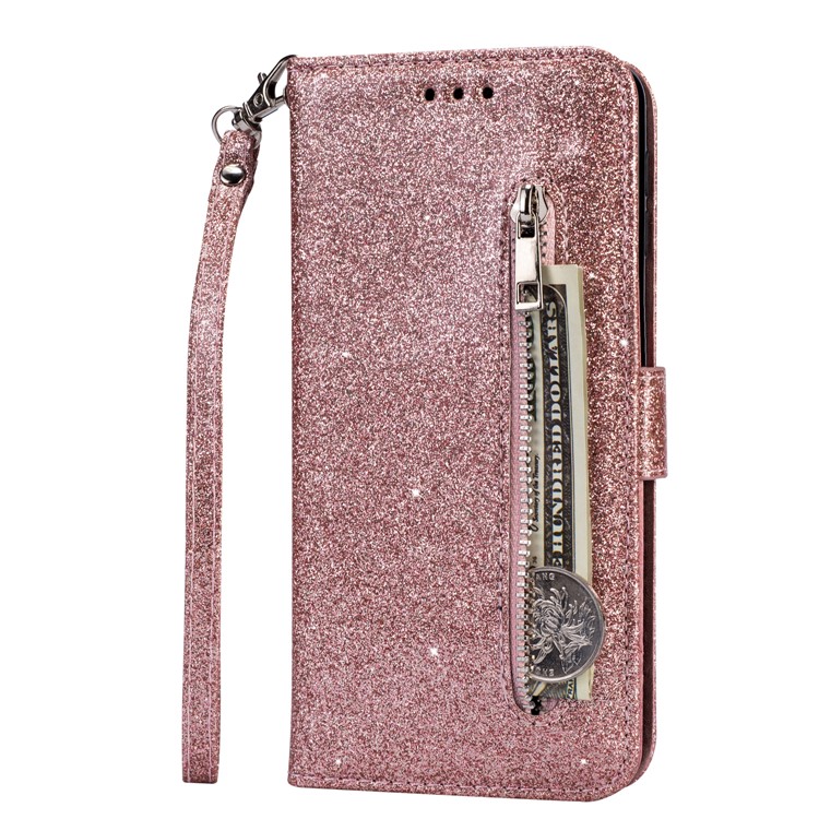 Flash Powder Zippered Stand Leather Wallet Cover with Strap for Samsung Galaxy M20 - Rose Gold-2