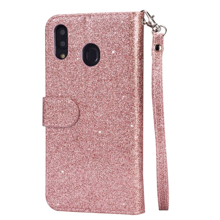 Flash Powder Zippered Stand Leather Wallet Cover with Strap for Samsung Galaxy M20 - Rose Gold-4