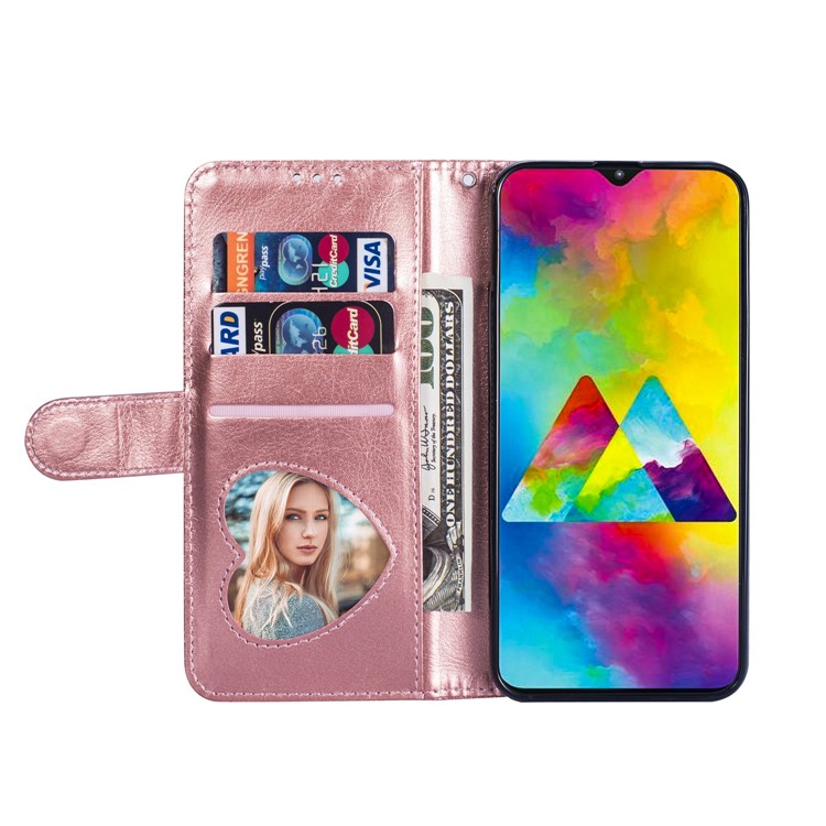 Flash Powder Zippered Stand Leather Wallet Cover with Strap for Samsung Galaxy M20 - Rose Gold-5