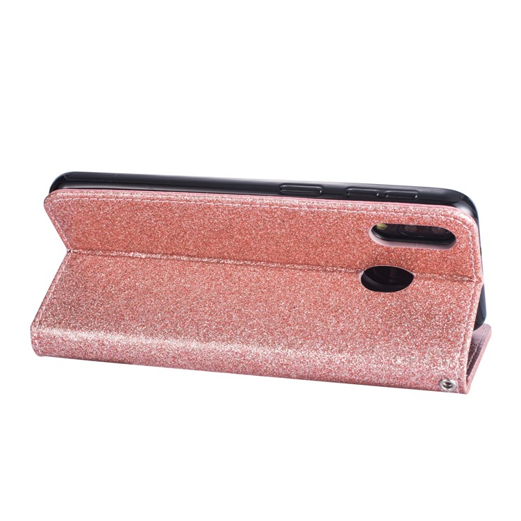 Flash Powder Zippered Stand Leather Wallet Cover with Strap for Samsung Galaxy M20 - Rose Gold-7