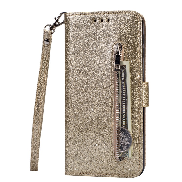 Flash Powder Zippered Stand Leather Wallet Cover with Strap for Samsung Galaxy M20 - Gold-2
