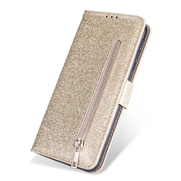 Flash Powder Zippered Stand Leather Wallet Cover with Strap for Samsung Galaxy M20 - Gold-3