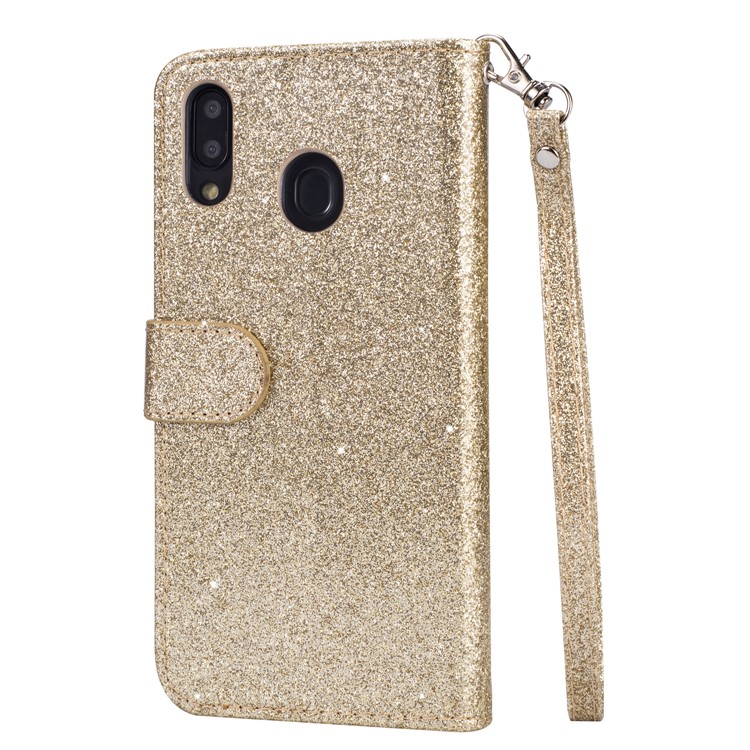 Flash Powder Zippered Stand Leather Wallet Cover with Strap for Samsung Galaxy M20 - Gold-4