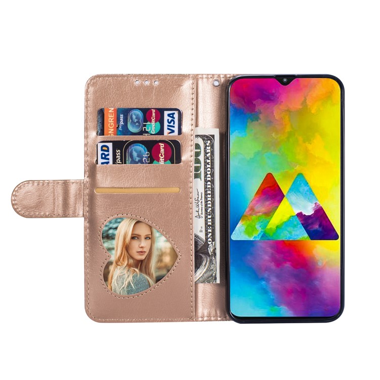 Flash Powder Zippered Stand Leather Wallet Cover with Strap for Samsung Galaxy M20 - Gold-5