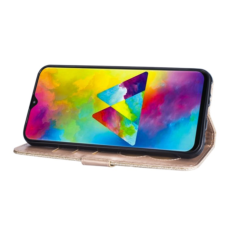Flash Powder Zippered Stand Leather Wallet Cover with Strap for Samsung Galaxy M20 - Gold-6