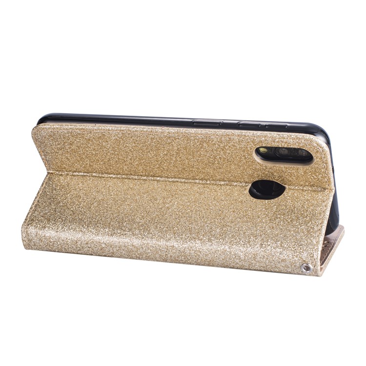 Flash Powder Zippered Stand Leather Wallet Cover with Strap for Samsung Galaxy M20 - Gold-7