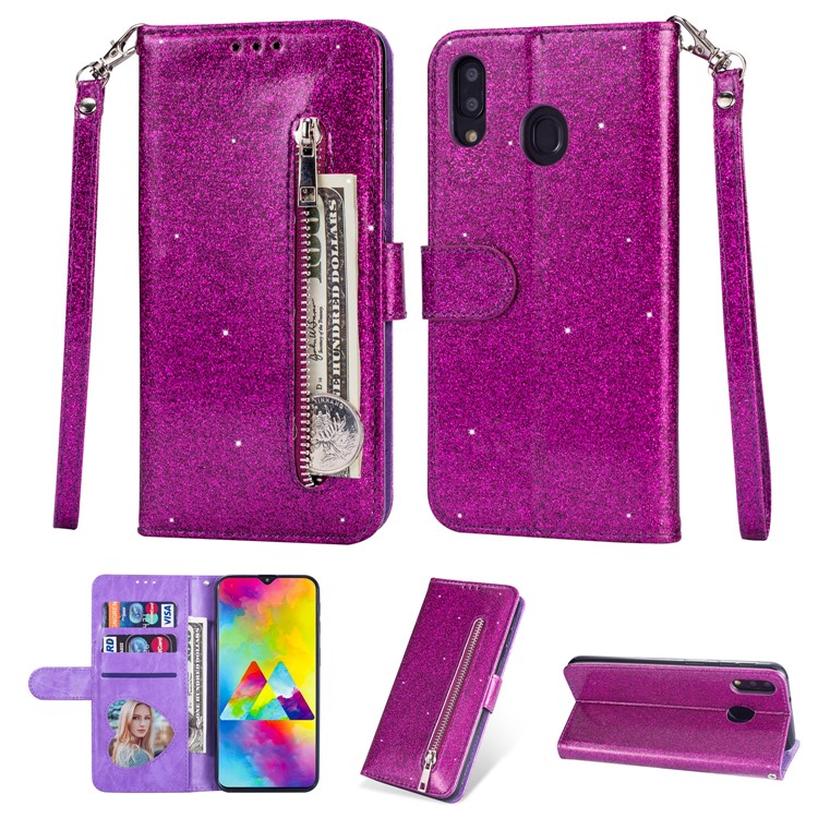Flash Powder Zippered Stand Leather Wallet Cover with Strap for Samsung Galaxy M20 - Purple-1