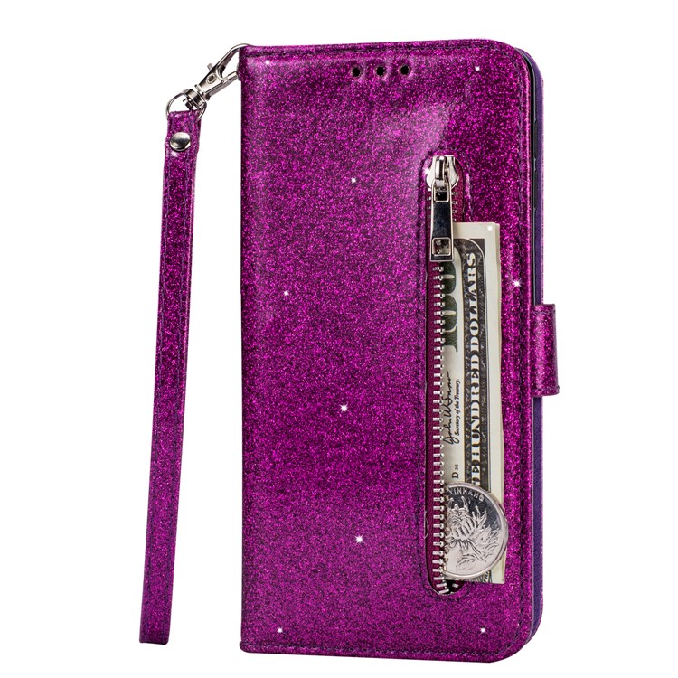 Flash Powder Zippered Stand Leather Wallet Cover with Strap for Samsung Galaxy M20 - Purple-2