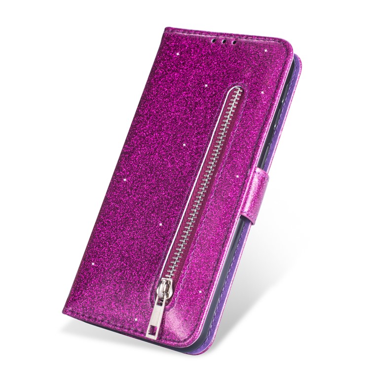 Flash Powder Zippered Stand Leather Wallet Cover with Strap for Samsung Galaxy M20 - Purple-3