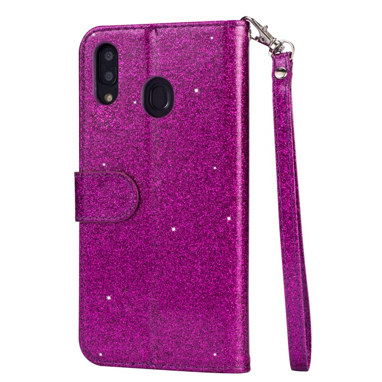 Flash Powder Zippered Stand Leather Wallet Cover with Strap for Samsung Galaxy M20 - Purple-4