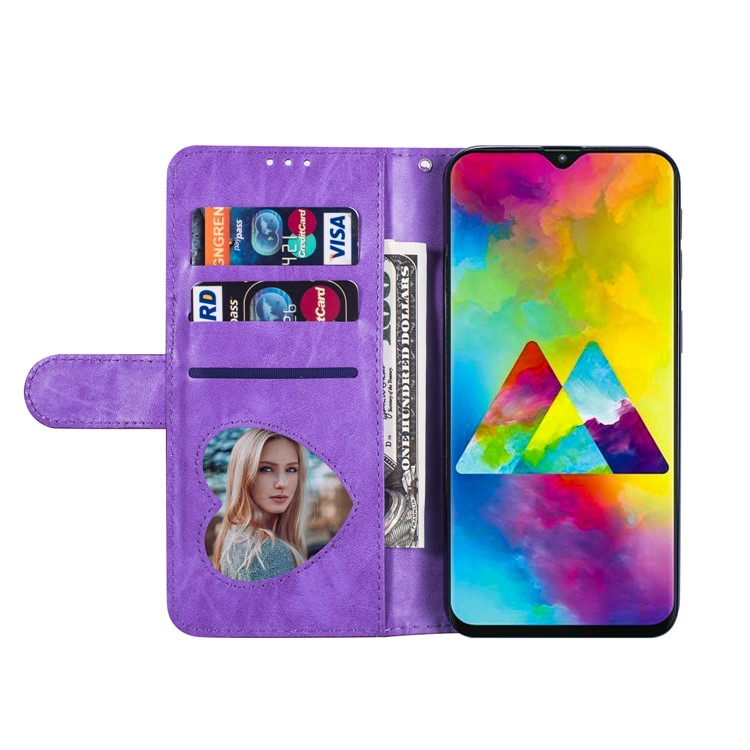 Flash Powder Zippered Stand Leather Wallet Cover with Strap for Samsung Galaxy M20 - Purple-5