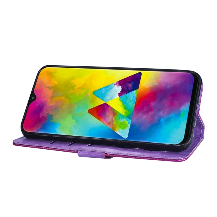 Flash Powder Zippered Stand Leather Wallet Cover with Strap for Samsung Galaxy M20 - Purple-6
