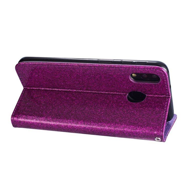 Flash Powder Zippered Stand Leather Wallet Cover with Strap for Samsung Galaxy M20 - Purple-7