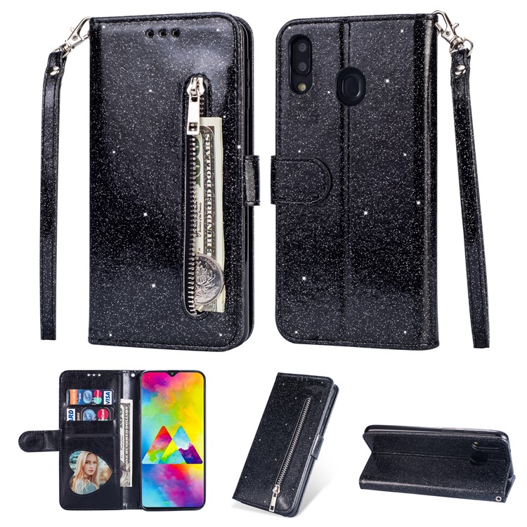 Glitter Powder Zippered Stand Leather Wallet Case with Strap for Samsung Galaxy A30 - Black-1