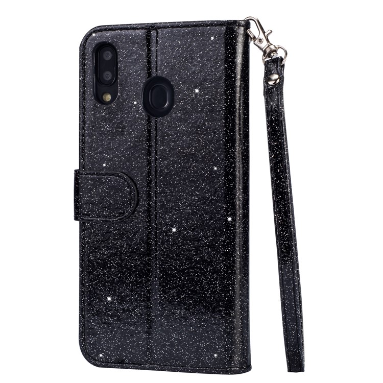 Glitter Powder Zippered Stand Leather Wallet Case with Strap for Samsung Galaxy A30 - Black-4