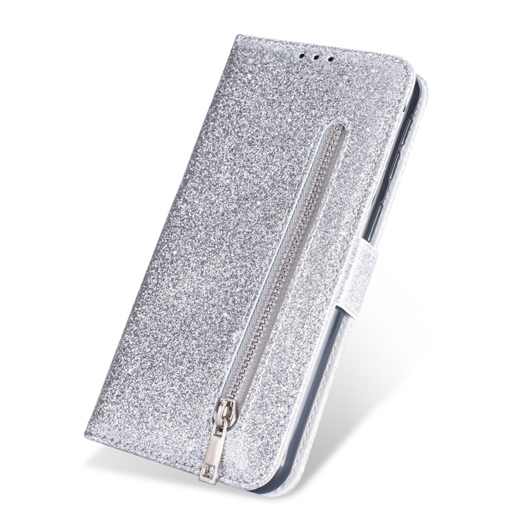 Glitter Powder Zippered Stand Leather Wallet Case with Strap for Samsung Galaxy A30/A20 - Silver-2