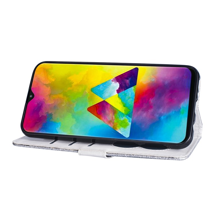 Glitter Powder Zippered Stand Leather Wallet Case with Strap for Samsung Galaxy A30/A20 - Silver-7