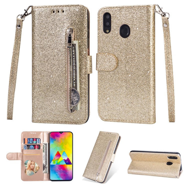 Glitter Powder Zippered Stand Leather Wallet Case with Strap for Samsung Galaxy A30/A20 - Gold-1