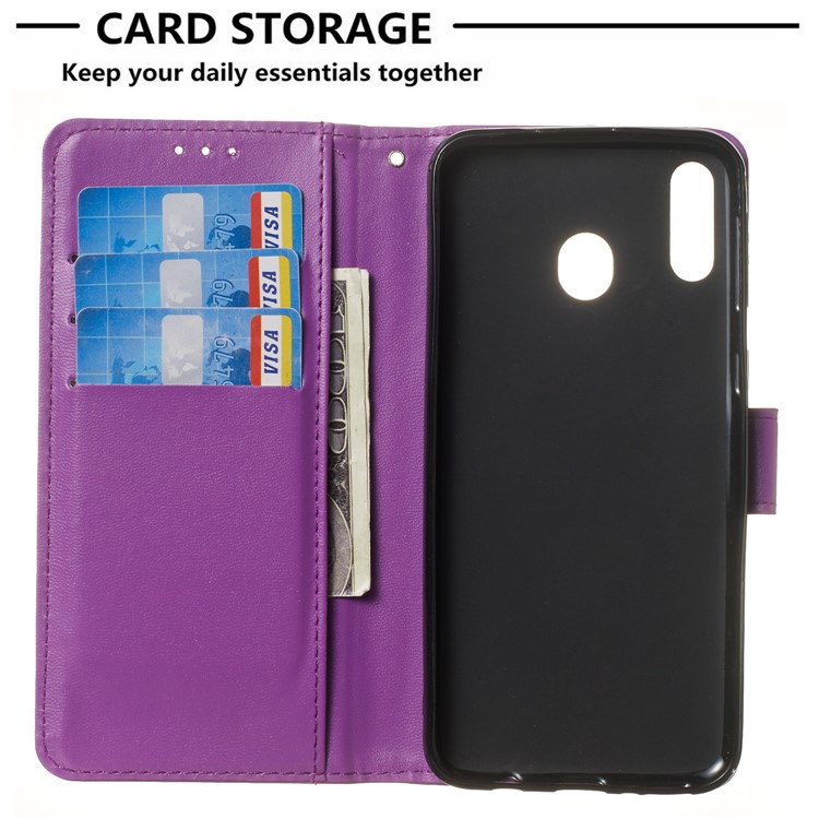 Solid Color Leather Wallet Stand Phone Case Cover for Samsung Galaxy M20 - Purple-4
