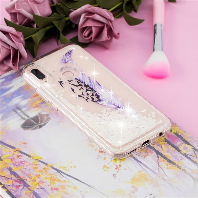 Moving Glitter Powder Sequins Patterned TPU Case for Samsung Galaxy M20 - Purple Feather and Birds-4