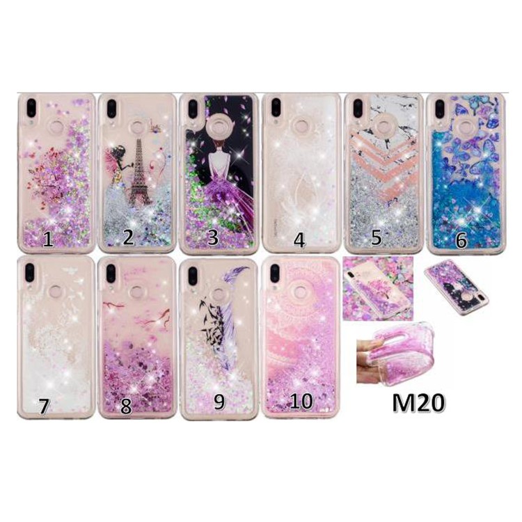Moving Glitter Powder Sequins Patterned TPU Case for Samsung Galaxy M20 - Purple Feather and Birds-6