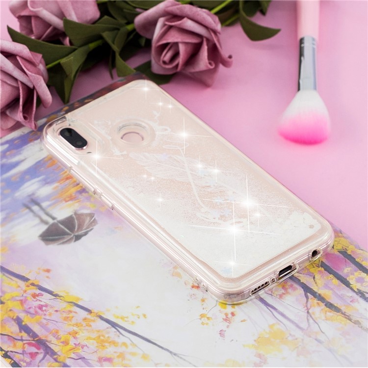 Moving Glitter Powder Sequins Patterned TPU Case for Samsung Galaxy M20 - White Feather-4