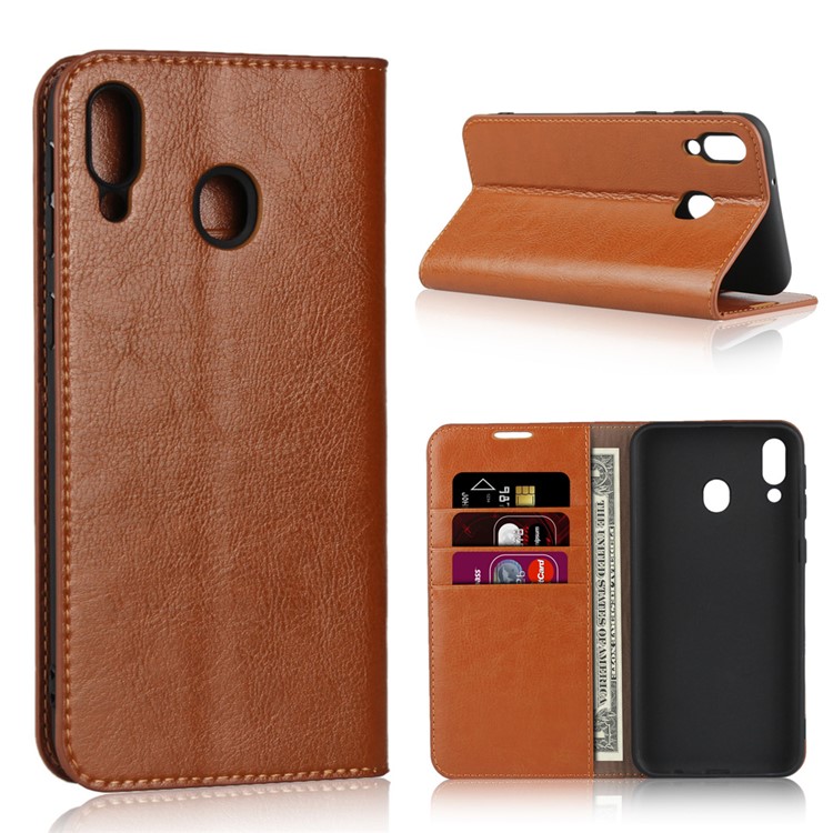 Crazy Horse Wallet Stand Genuine Leather Case for Samsung Galaxy M20 - Brown-1