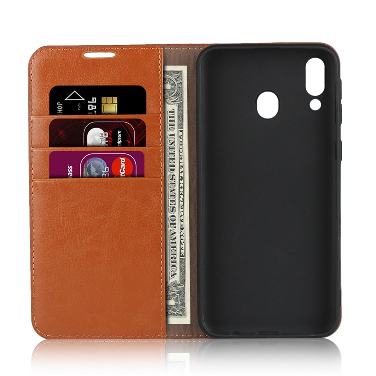 Crazy Horse Wallet Stand Genuine Leather Case for Samsung Galaxy M20 - Brown-4