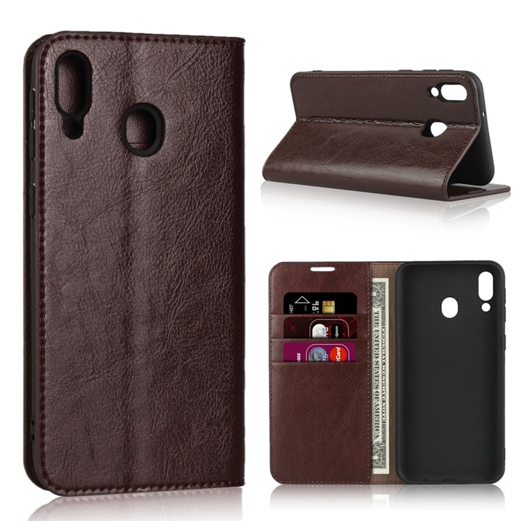 Crazy Horse Wallet Stand Genuine Leather Case for Samsung Galaxy M20 - Coffee-1