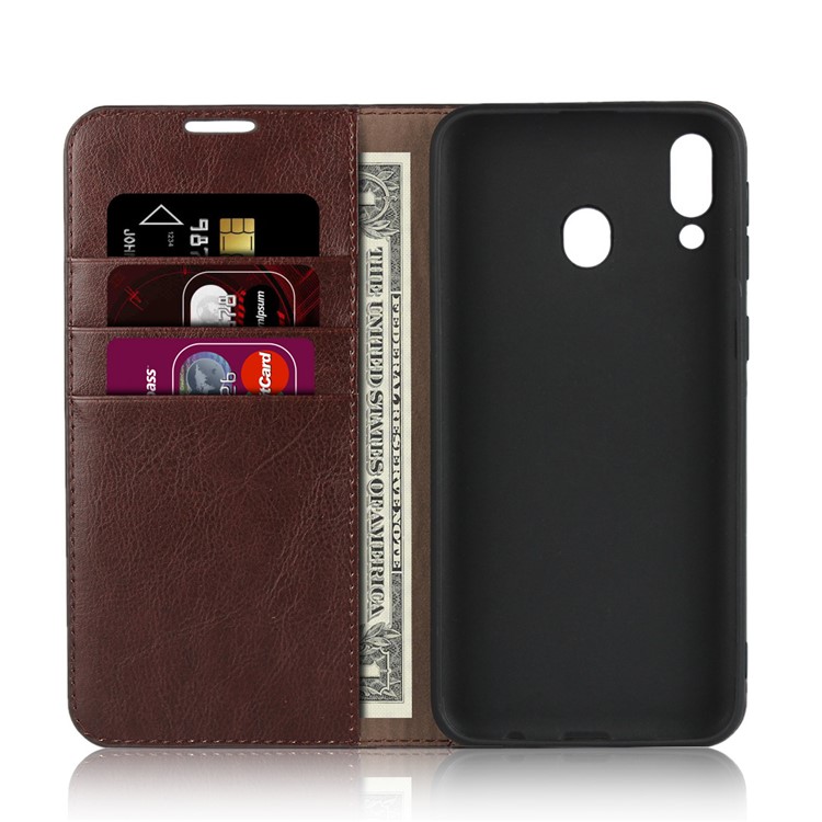 Crazy Horse Wallet Stand Genuine Leather Case for Samsung Galaxy M20 - Coffee-4