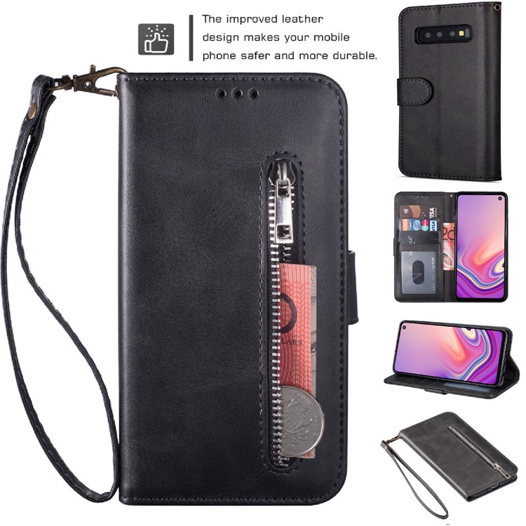 Zipper Wallet Flip Stand Leather Case with Strap for Samsung Galaxy S10 Plus - Black-2