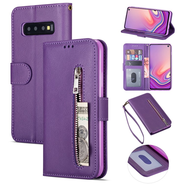 

Zipper Wallet Flip Stand Leather Case with Strap for Samsung Galaxy S10 Plus - Purple, Galaxy S10 Plus