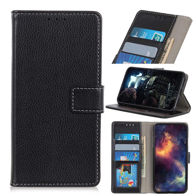 Litchi Grain Leather Cover with Wallet Stand for Samsung Galaxy A90 / A80 - Black-1