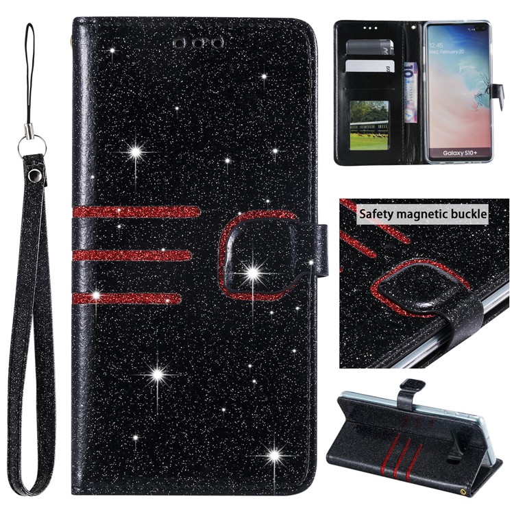 Glitter Powder Coated Wallet Leather Phone Case for Samsung Galaxy S10 Plus - Black-1