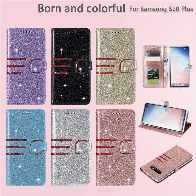 Glitter Powder Coated Wallet Leather Phone Case for Samsung Galaxy S10 Plus - Black-9