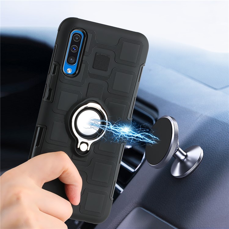 Geometric Pattern TPU PC Hybrid Case with Magnetic Car Mount Ring Holder for Samsung Galaxy A50 - Black-12