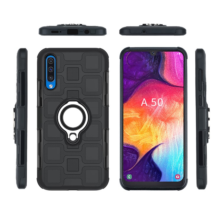 Geometric Pattern TPU PC Hybrid Case with Magnetic Car Mount Ring Holder for Samsung Galaxy A50 - Black-4