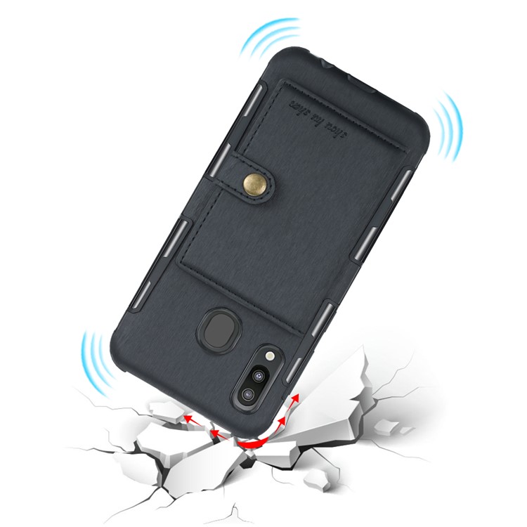 SHOUHUSHEN Brushed Card Slots PU Leather Coated Hard PC Shell for Samsung Galaxy M20 - Black-4