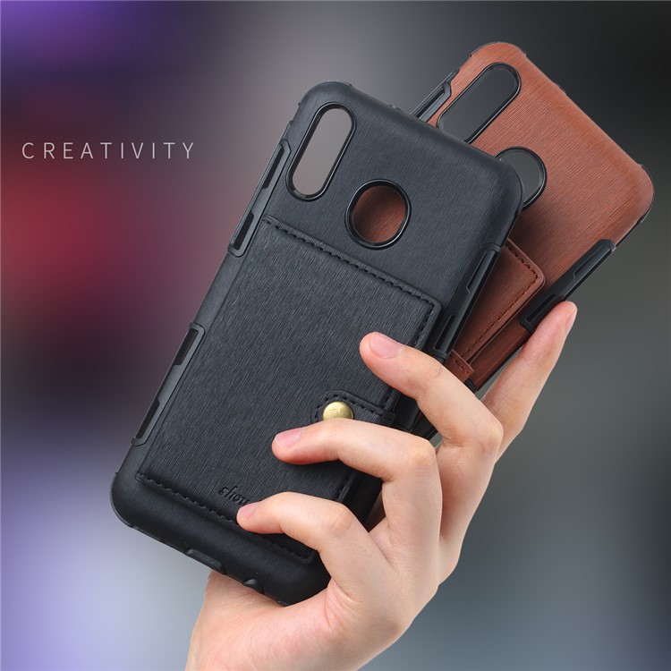 SHOUHUSHEN Brushed Card Slots PU Leather Coated Hard PC Shell for Samsung Galaxy M20 - Black-6